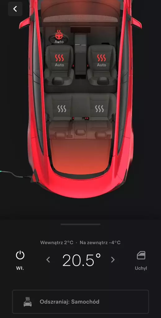 Ekran aplikacji po załączeniu ogrzewania